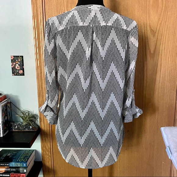 Sheer Half-Button Chevron Dot  Collarless Blouse with Button-Up Long Sleeves - Picture 6 of 8